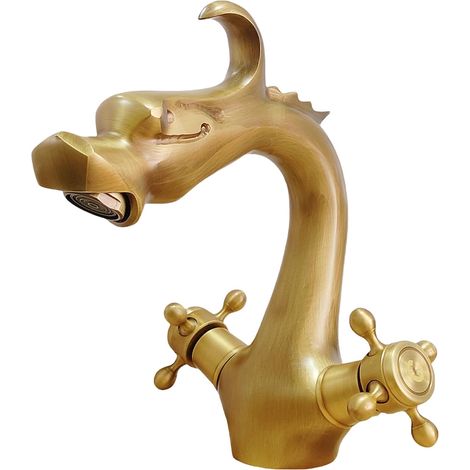 Robinet de lavabo rétro tête de dragon Mitigeur bronze vieilli double manette Finition laiton ancien Eau chaude et froide Hauteur 19 5 cm pour salle de bain