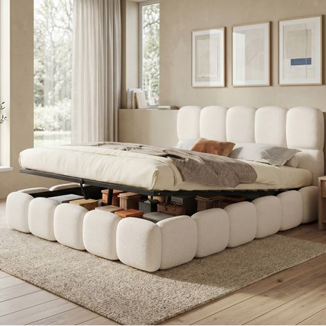 Lit coffre 160x200 cm avec sommier à lattes, rangement hydraulique, en bouclé blanc, sans matelas (1/5)