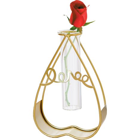 Vase hydroponique déco cœur doré en fer forgé pour fleurs artificielles, décoration bureau salon cave à vin élégante et créative (1/5)