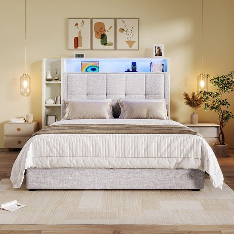 Lit coffre rembourré 90x200 cm - Avec USB Type-C - LED - lin - Avec compartiments de rangement - Beige (matelas non inclus) (1/5)