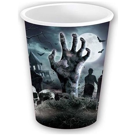 Bicchieri di carta CIMITERO Uomo morto Zombie Halloween Compleanno 240ml 6 pezzi. (1/3)