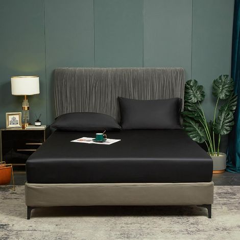 Fitted Sheet 140 x 200 cm Black Soft Wrinkle Resistant 50% Bamboo + 50% Polyester Machine Washable for Mattress Topper 25-30 cm Drop Box Spring Bed (1/5)