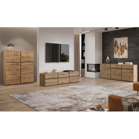 Set di mobili da soggiorno HAVANA - Credenza alta, mobile TV, credenza bassa - Design moderno in rovere e nero