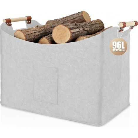 Filzkorb aus Holz, Brennholztasche aus extra dickem Filz mit verstärktem Griff, faltbare Filztasche für Einkäufe, Brennholz, Zeitungen – Hellgrau, 60 x 40 x 40 cm (96 l), 1 Stück (1/5)