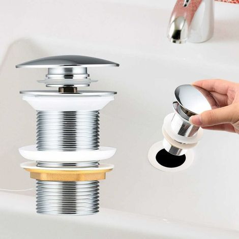 Bonde Pop Up Automatique sans Trop Plein Bonde de Vidage Push Open Pour Lavabo en Cuivre Chromé Pour bassin sans trop-plein,G1 1/4 (chrome sans trop plein) (1/5)