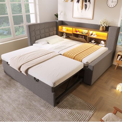 REDOM - Cama nido 90x190/90x200 cm, iluminación LED, puertos de carga, cabecero en L, lino gris(Sin colchón) (1/5)