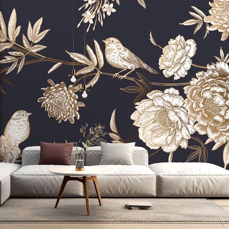 Papier peint panoramique - Fleurs Oiseaux - 130 cm x 87 cm (1/4)