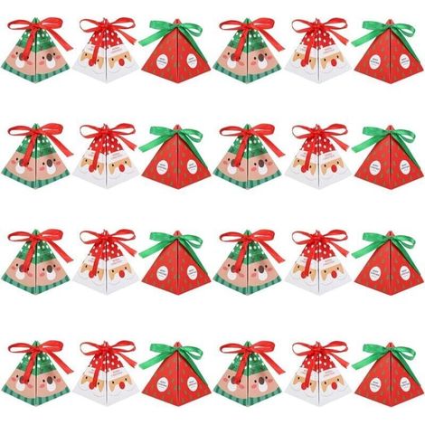 24 Weihnachtsbonbon-Schachteln, dreieckige Schachteln mit Schleifen für Kekse und kleine Geschenke, Weihnachtsdekorationen (1/4)