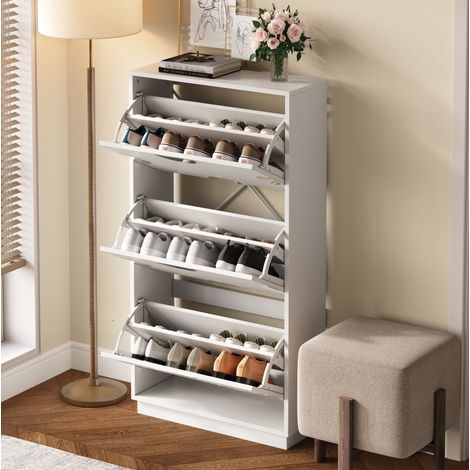 Meuble à chaussures blanc à 3 abattants avec miroir rond, MDF, 63 x 24 x 120 cm DESVIAE (1/5)
