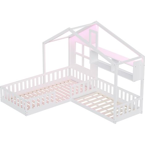 Lit enfant 90x200 cm (140x70 cm) avec fenêtre, étagères, bande lumineuse LED, coffre de lit en bois massif toute hauteur avec barrière de sécurité et sommier à lattes, blanc, ancienne SKU LDB00288AAK (1/5)