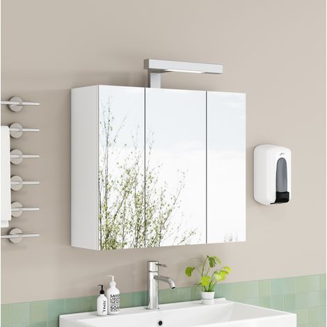 Armario espejo para baño de 60 cm con 3 puertas, LED y toma francesa, estantes de vidrio regulables y cierre suave, blanco mural para aseo diario – CHICFURN (1/5)