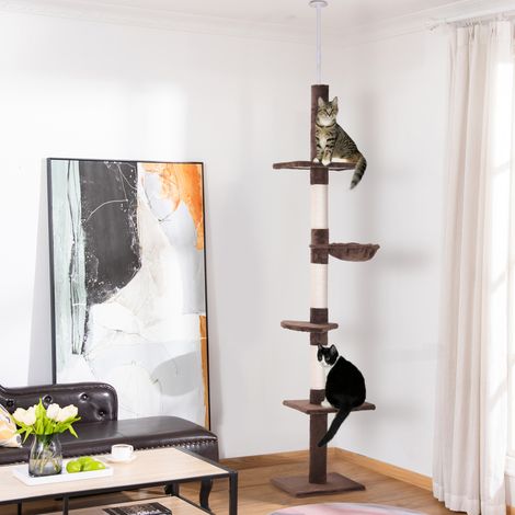 Griffoir pour chat au plafond - 40x34x230-260cm - hamac et hauteur réglable - arbre en peluche multi-niveaux pour chat - marron