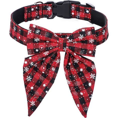 Collier de Noël pour chien avec nœud papillon, en nylon à carreaux rouges et noirs, ajustable, pour grands chiens (taille L, 3 x 60 cm), motif flocon de neige rouge et noir. (1/3)