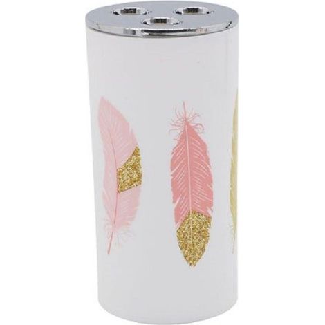 Trade Shop - Bicchiere Portaspazzolino 3 Fori Bianco Piume In Plastica Accessorio Bagno 69800 - (1/2)