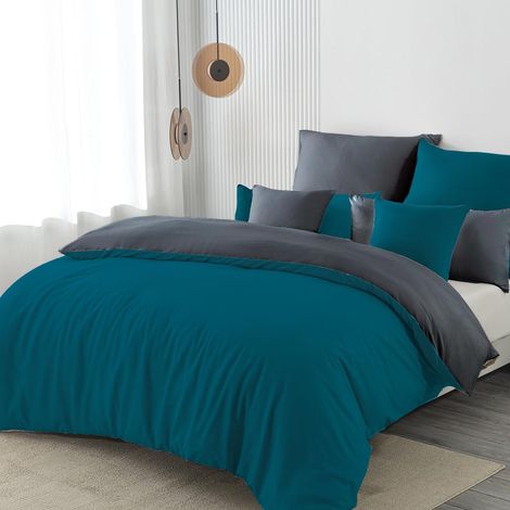 Parure de lit 200x220 3 pièces Pétrole/Anthracite Ensembles de literie en microfibre Parure de lit réversible 200 x 220, douce et sans repassage 1 housse de couette + 2 taies d'oreiller (1/5)