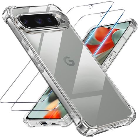 3 en 1 Coque et Verre Trempé pour Google Pixel 9 Pro XL, [Coussin d'air Intégré] Anti-Jaunissement Souple TPU Bumper Coque Protection pour Pixel 9proXL, Transparente (1/5)