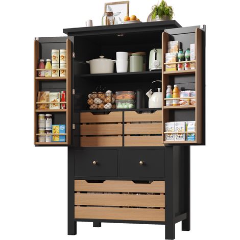 Buffet de Cuisine,Armoire haute Cuisine 80×40×140cm avec 2 portes & 5 tiroirs,Lattes amovibles,Anti-basculement,Noir (1/5)