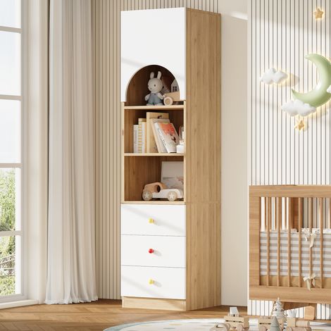 Libreria Mobile Portaoggetti 50x50x200cm con 3 Cassetti e Anta ad Arco Stile Moderno Bianco e Legno