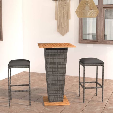 Ensemble Table de bar + 2 Chaises de bar de jardin - Table Haute avec 2 Tabourets et coussins Résine tressée Gris BV444448 - BonneVie (1/5)