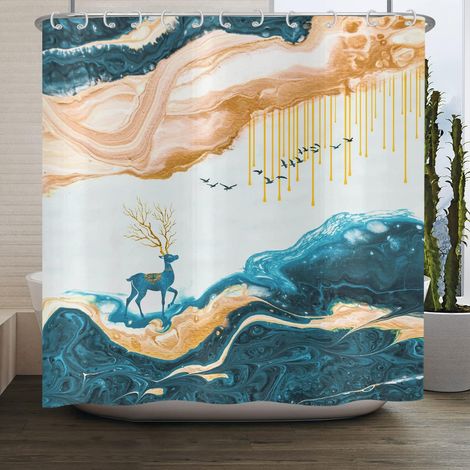 Rideau de Douche Marbre 180x180 cm, Moderne Abstrait Orange Cyan Cerf Aspect Marbre Texture Tissu Lavable Textile Rideau Douche imperméable pour Baignoire avec 12 Crochets (1/5)