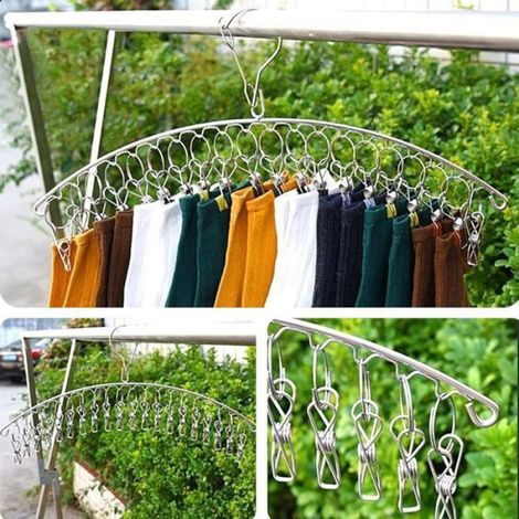 Lot de 2 séchoirs à chaussettes en acier inoxydable avec 40 clips - Petit séchoir à linge - Coupe-vent - Pour chaussettes, sous- (1/4)