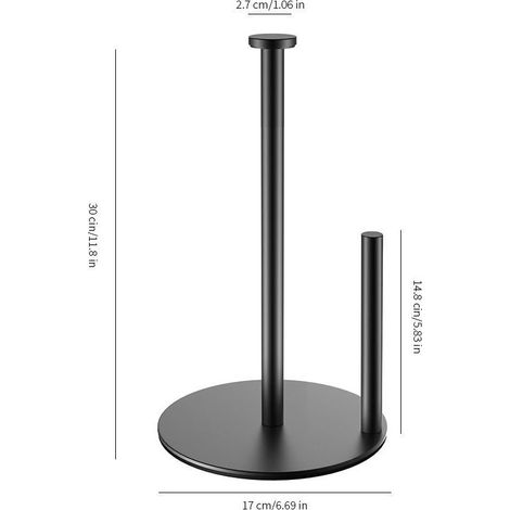 1 porte-rouleau essuie-tout, acier inoxydable 304 noir, base lestée antidérapante, hauteur 30-35 cm, convient rouleaux standard et grande taille (1/5)