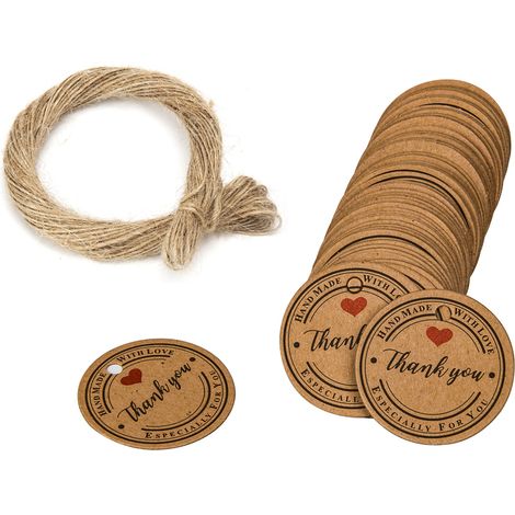 Étiquettes De Remerciement En Papier Kraft - 30mm Diamètre Avec Ficelle De Jute - Pour Cadeaux Mariage Fête - Lot De 100 Pièces (1/5)