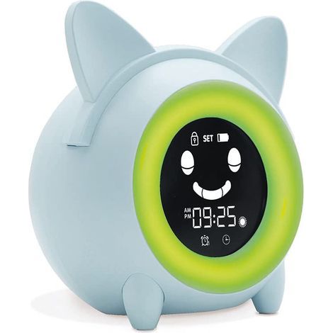 Reveil Enfant Educatif avec Veilleuse Indicateur Jour/Nuit - Horloge Digital - Affichage Temperature - 5 Sons d'Alarme pour Les Réveils du Matin - Bleu (1/5)