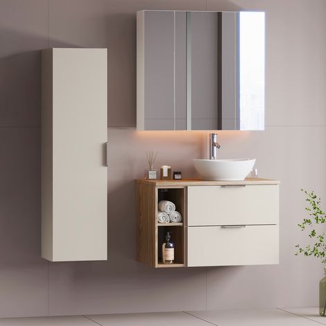 Ensemble meuble simple vasque 80cm 2 niches et colonne Astrid Cachemire et bois (1/5)