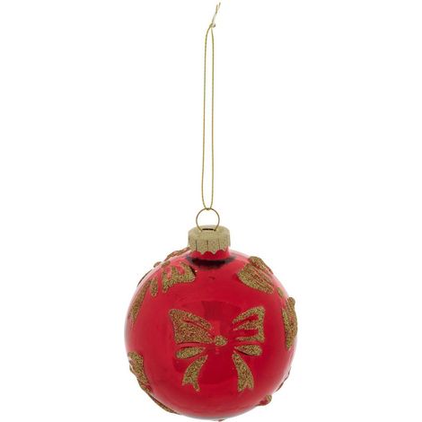 Weihnachtskugel mit goldenem Schleifenmotiv aus rotem Glas, Durchmesser 80 mm - Feeric lights & christmas (1/2)