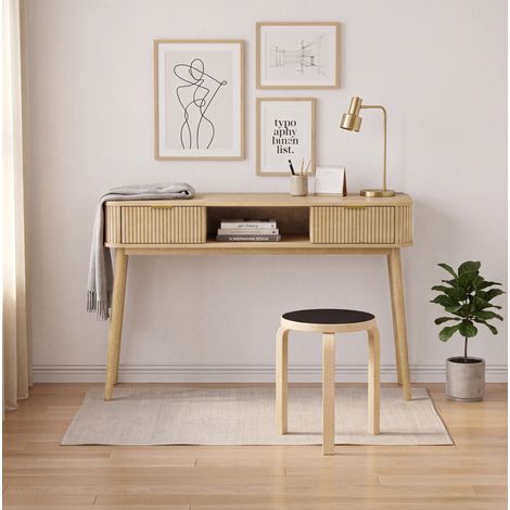 Consola de recibidor (133.5x42x14.3 cm), estilo Mid-Century, con dos cajones y balda abierta, MDF y tablero de partículas, color roble (1/5)