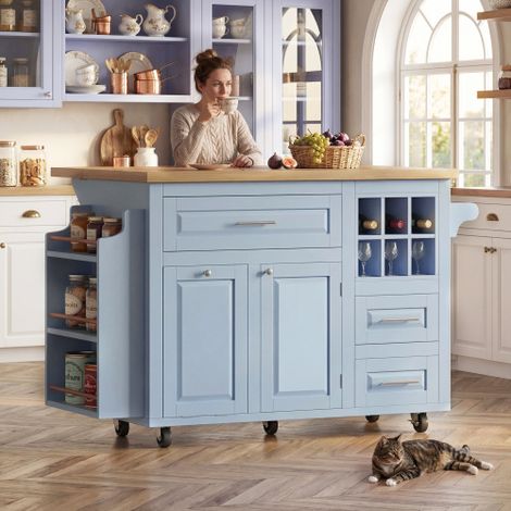 Îlot de cuisine mobile bleu sur roulettes 143 × 45 × 91 cm avec plateau rabattable, casier à vin, multiples tiroirs et emplacement poubelle, meuble de rangement multifonction pour cuisine et bar (1/5)