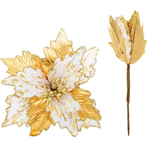 SJLERST Décoration florale artificielle haut de gamme en tissu doré de 25 cm, couronne de Noël pour centre commercial, fleurs artificielles décoratives