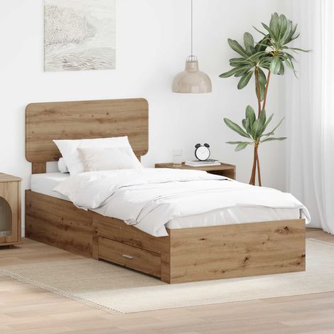 Cadre de lit avec rangement et tête de lit 100 x 200 cm en bois d’ingénierie chêne artisanal - PANGIVO (1/5)