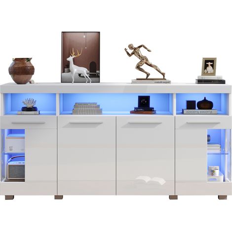 Buffet LED 140 x 40 x 70 cm, blanc, verre trempe, 3 compartiments (1/5)