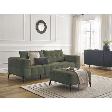 BOBOCHIC - Canapé droit fixe 3 places ANIS tissu bouclette avec pouf   Vert