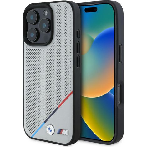 Coque rigide grise/grise BMW M Carbon Tricolor Line MagSafe pour iPhone 16 6,1" (BMW BMHMP16S23PUDTS)