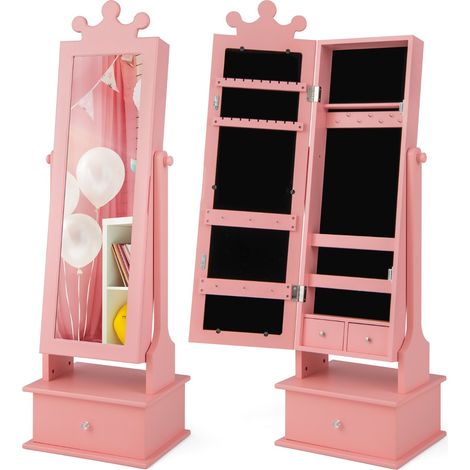 Armadio gioielli per bambini con specchio a tutta lunghezza 3 cassetti angoli regolabili, Specchio da toeletta Rosa (1/4)