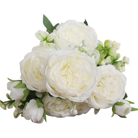 3 bouquets de 5 roses artificielles persanes blanches, composés à la main, pour mariage ou décoration de salon.-AquaForge (1/5)