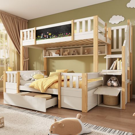 Litera infantil 90x200 + 140x200 cm con pizarra, escalera de almacenaje, cajones, blanco/madera natural (1/5)