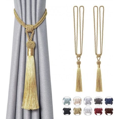 [JAMAIS UTILISÉ] Lot de 2 attaches de rideaux à longs pompons, faites à la main, style européen tressé, pour décoration de fenêtre (doré) (1/4)