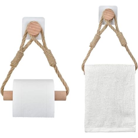Juego de 2 portarrollos de papel higiénico sin necesidad de taladrar – Cuerda de yute y madera maciza – Soporte adhesivo para baño – Decoración vintage e industrial (1/5)