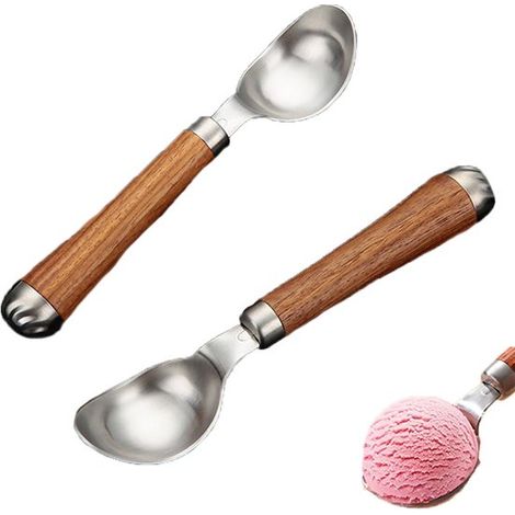 2 palette per gelato in acciaio inox, palette per frutta con manici in legno, palette per palline di melone, palette per biscotti, palette da cucina, adatte anche per patate (1/5)