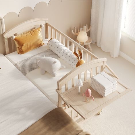 Lit Bébé en Bois Massif Multifonction avec Table à Langer et Étagère Pliable, Extensible 120 x 60 x 95 cm (jusqu'à 162 cm), Utilisable en Lit Co-Sleeping, Sans Matelas (Bois Naturel) (1/5)