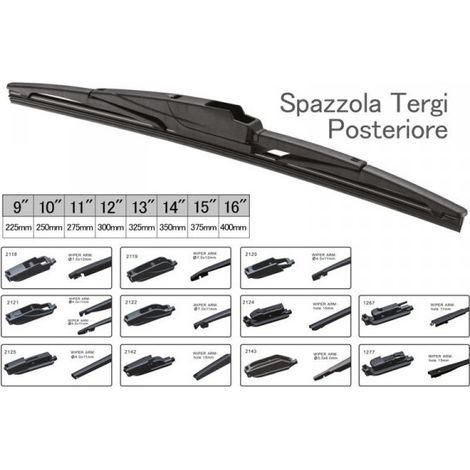 Spazzola Tergicristallo Posteriore Auto Con 10 Attacchi Universale Multi Adattatori Inclusi, Misura Disponibili Da 9" Fino a 16'' (9" 225mm)