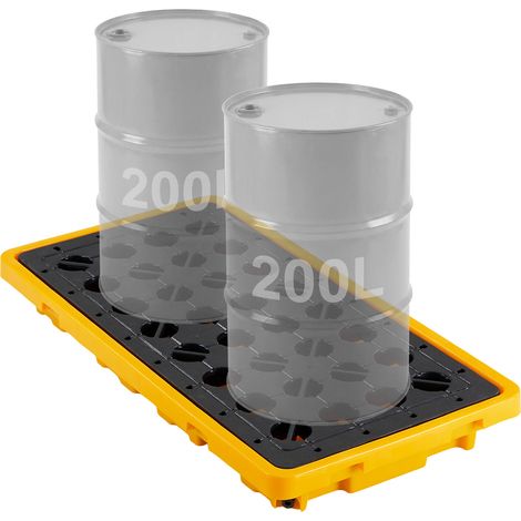 VEVOR Palette de Retention pour 2 Futs, Bac de Retention avec Caillebotis et Drain, Plateforme de Deversement en PEHD a Profil Bas, Capacite 79,5 L, Charge Maximale 2000 kg, 1316x680x150 mm, Jaune (1/5)