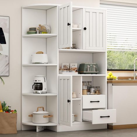 Armoire d'angle 104 x 35 x 155 cm, vitrine de salon avec 3 placards et 2 tiroirs, bibliothèque de salon, armoire haute et buffet haut offrant un total de 14 espaces de rangement, étagères, buffet, bla