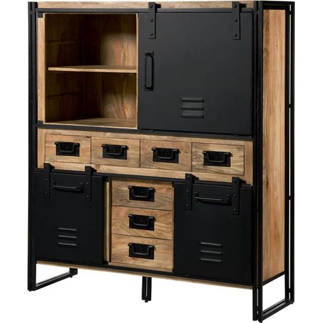Credenza in legno di Mango 140x45x160 Laccato chiaro naturale / ferro nero BLACKBURN 557