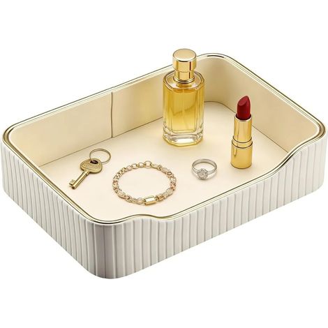 Petit plateau décoratif, palette de bijoux, palette en cuir, hall d'entrée, bureau, crayons, étagères de bijoux, adapté au salon, chambre à coucher, salle de bains (blanc) (1/5)
