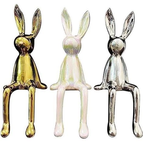 Lapin - Sculpture Décoration Céramique - Hauteur 21 cm - Or Argent Blanc - Lot de 3 (1/4)